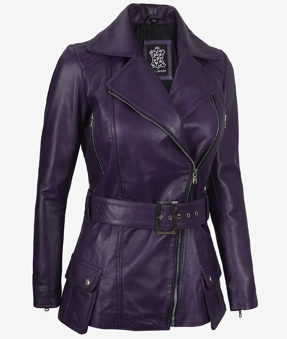 Asymmetrical Purple Leather Jacket for Women with Belt-Leather Jackets-Glompi-Glompi