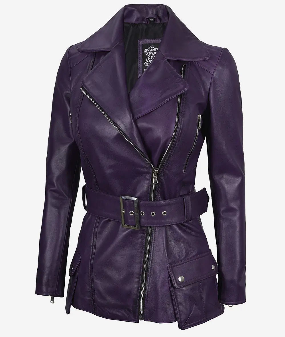 Asymmetrical Purple Leather Jacket for Women with Belt-Leather Jackets-Glompi-XS-Glompi