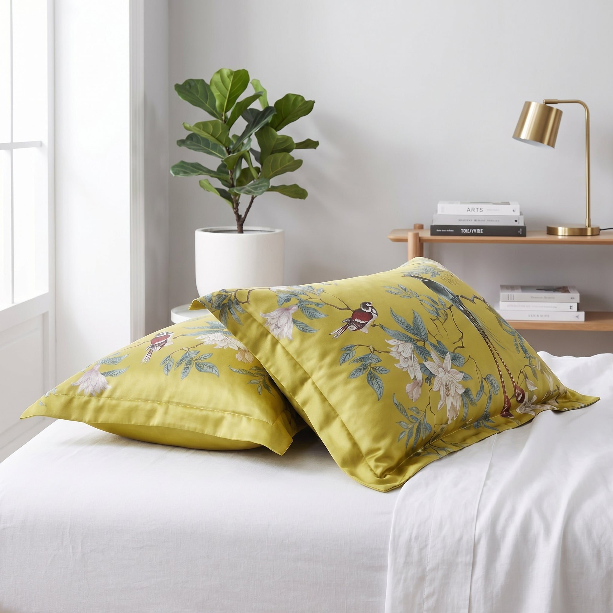 Aurelia Aviary cotton sateen pillow shams with golden ground, birds, and floral design on a white bed.