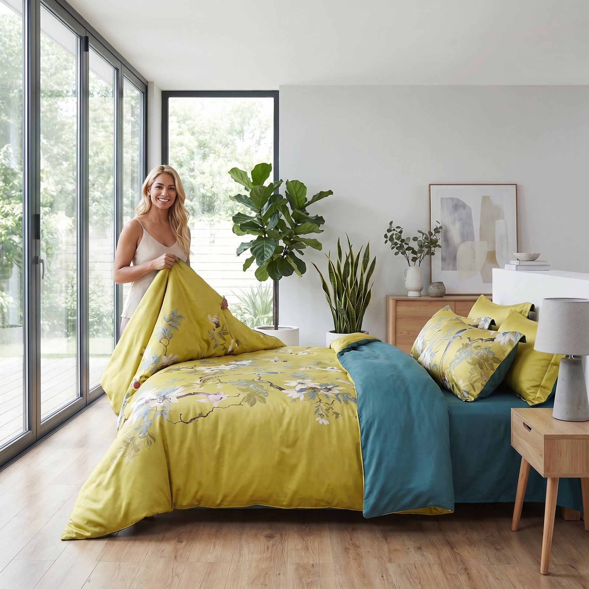 Aurelia Aviary cotton bedding set with golden floral bird design and deep teal reverse, styled in a modern bedroom.