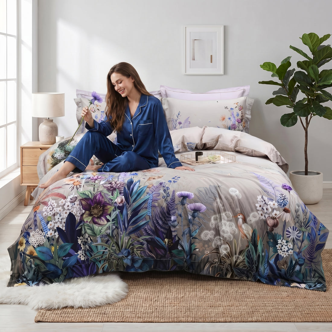 Woman in blue pajamas sitting on a beige cotton duvet set featuring a vibrant violet, blue, and sage floral botanical print.