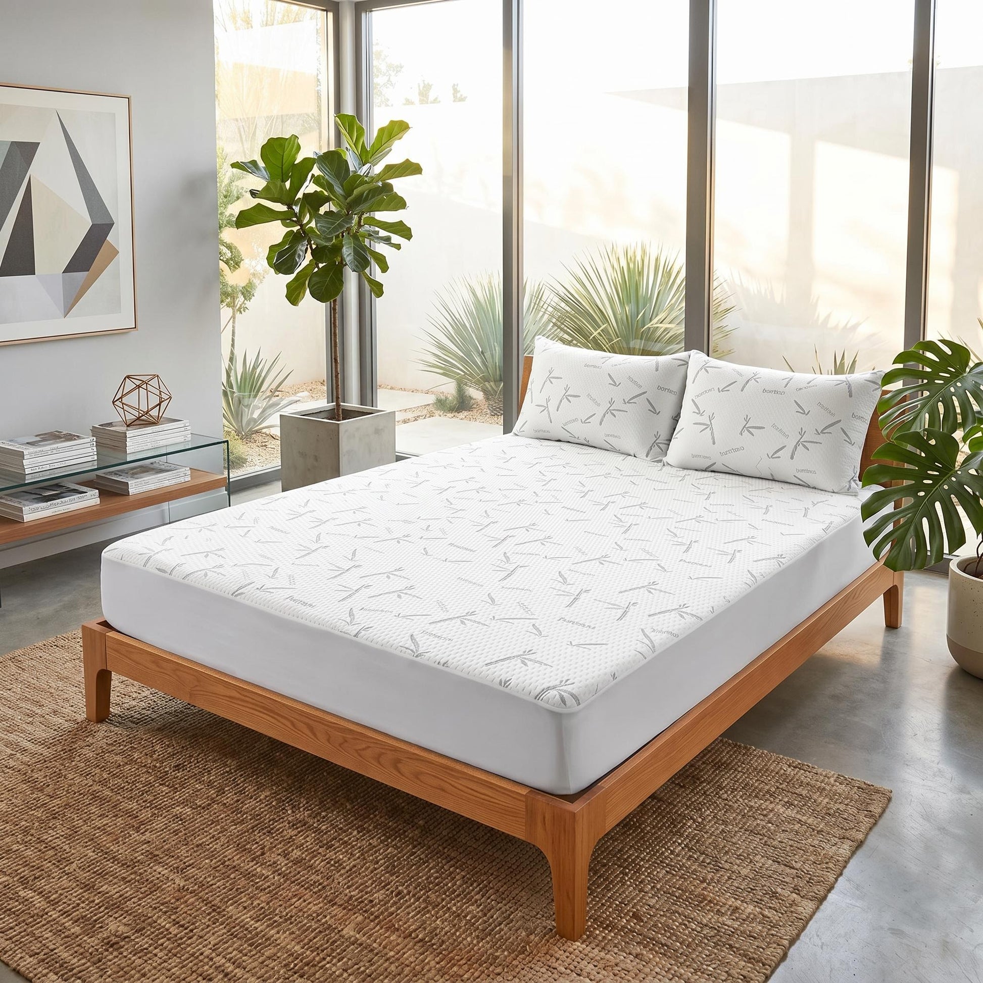White bamboo fiber fitted mattress protector with subtle bamboo leaf pattern on a wooden bed frame.