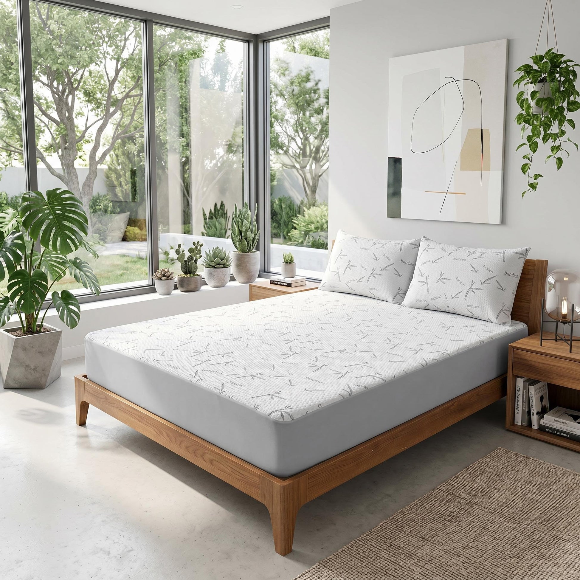 White bamboo fiber mattress protector with subtle leaf pattern on a wooden bed, paired with two matching pillow protectors.