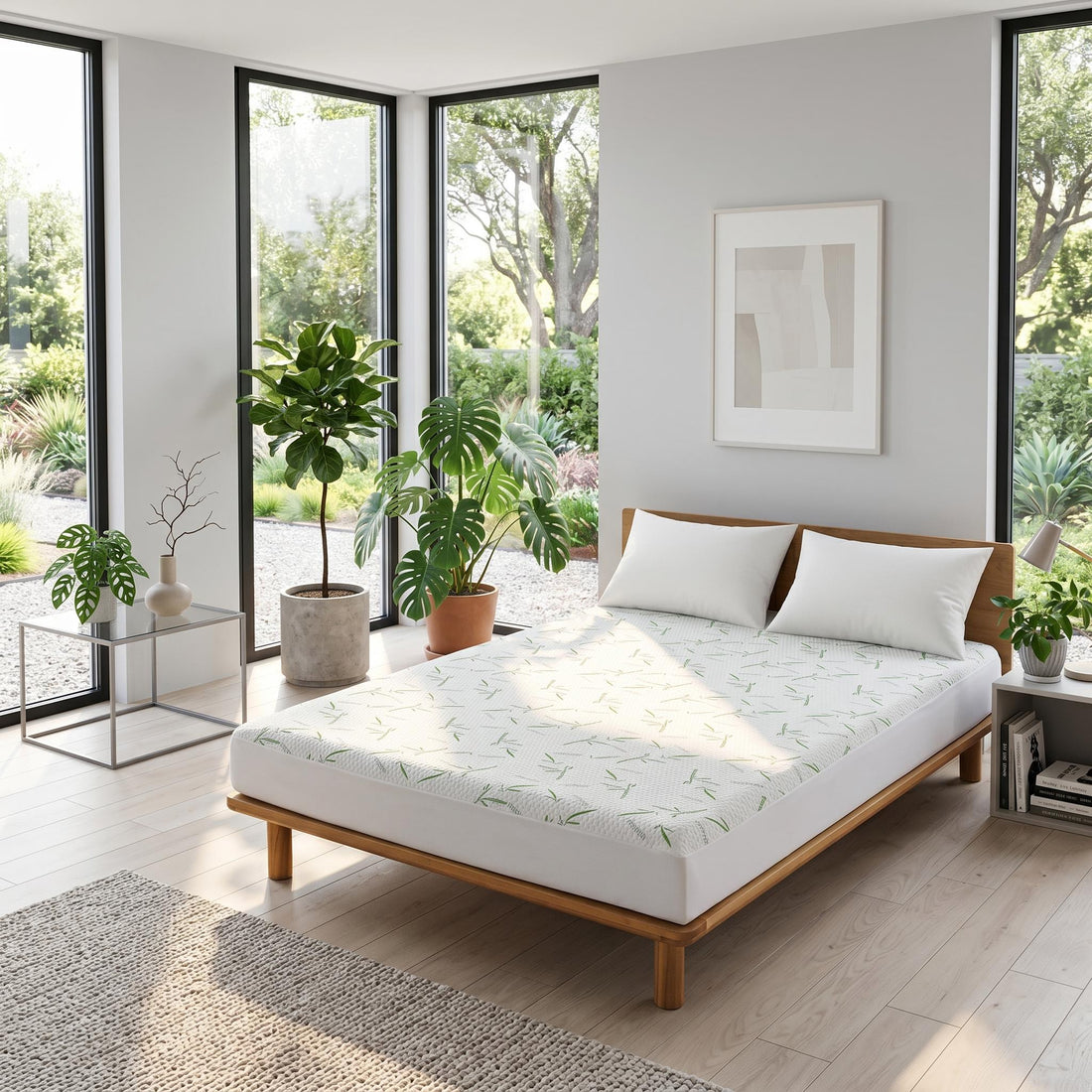 Woman sleeping on a bed with a white bamboo fiber mattress protector featuring a subtle green leaf pattern.