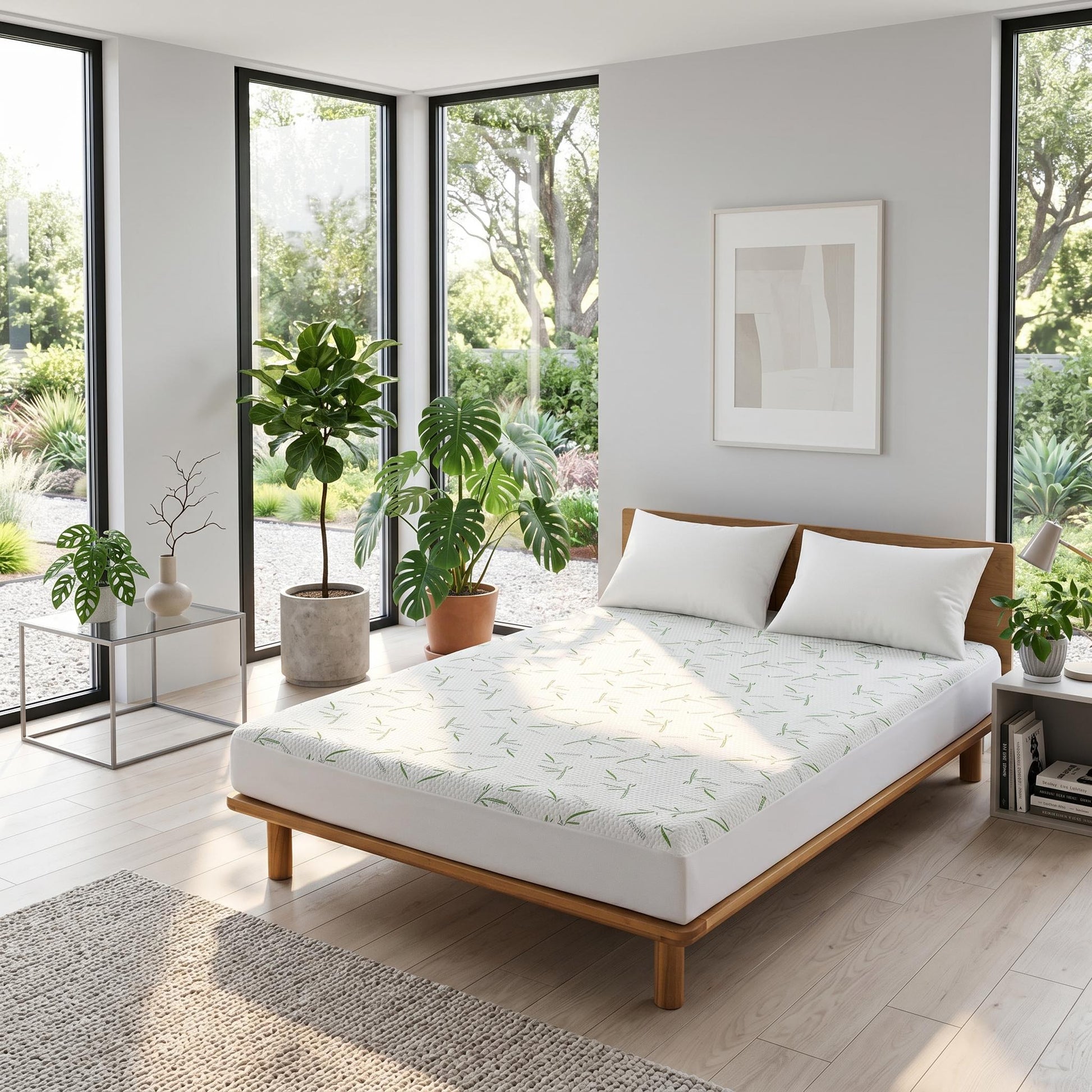 White bamboo fiber mattress protector with green bamboo leaf pattern on a wooden bed frame.