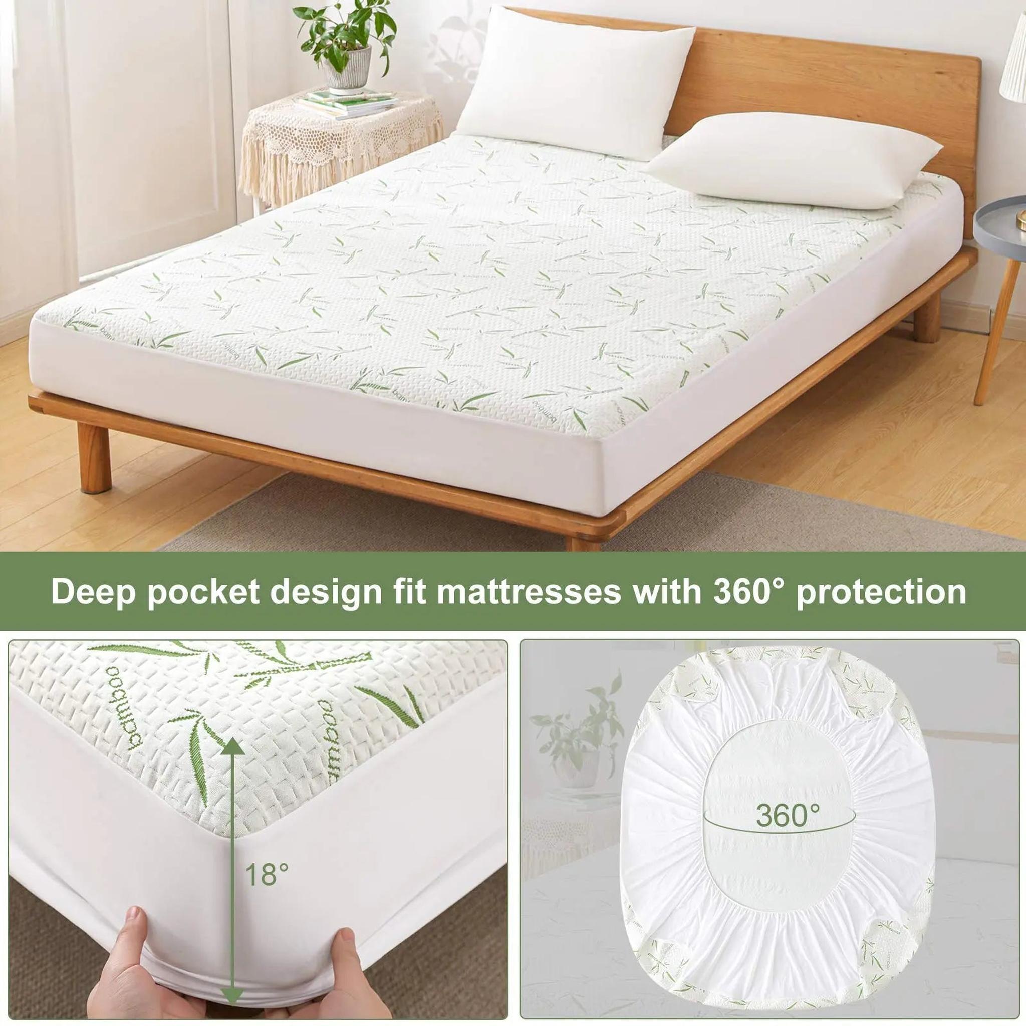 White bamboo fiber mattress protector with green leaf pattern, showing deep pocket fit and 360° protection.