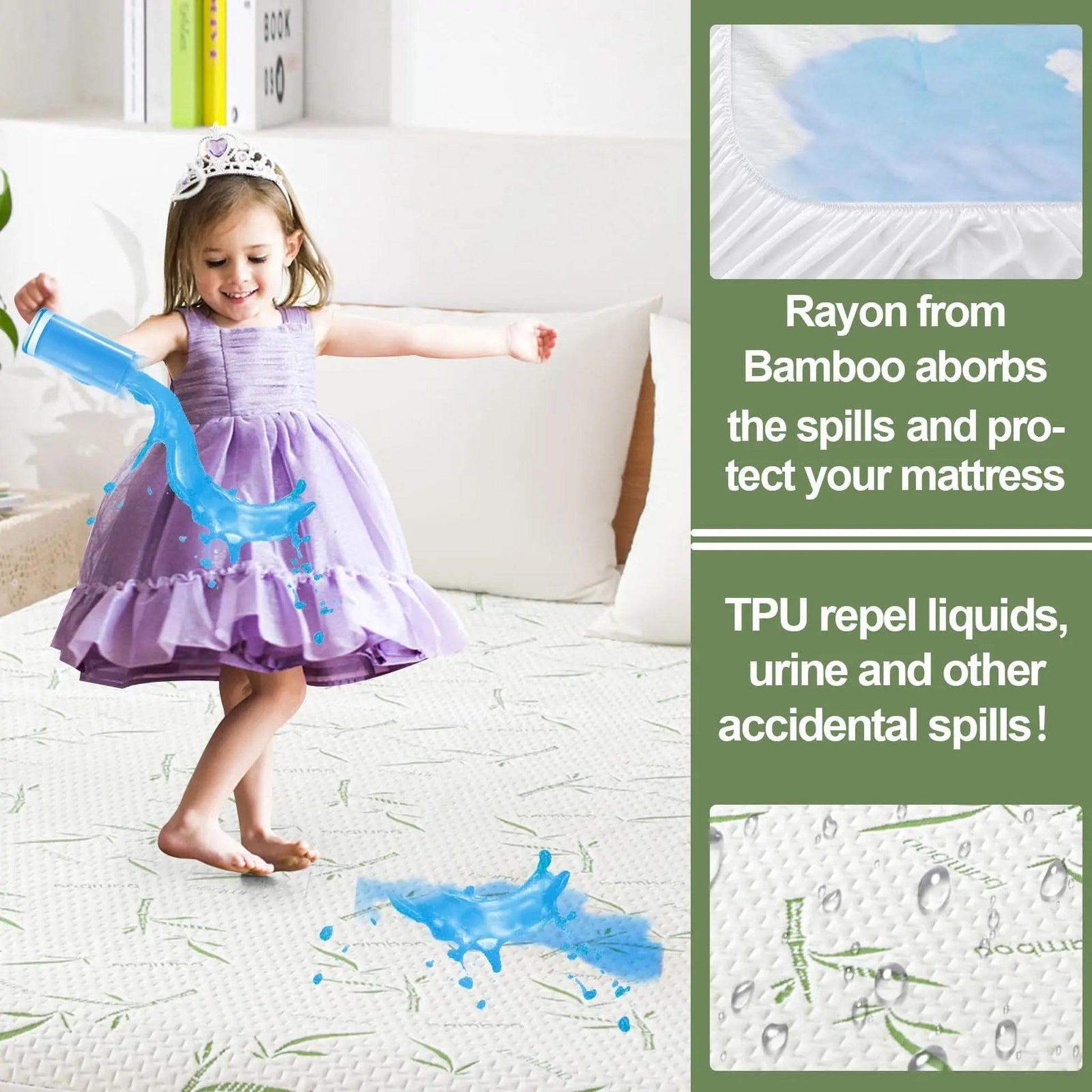 Smiling child pouring blue liquid on a white bamboo rayon mattress protector with green leaf pattern. Insets show waterproof features.