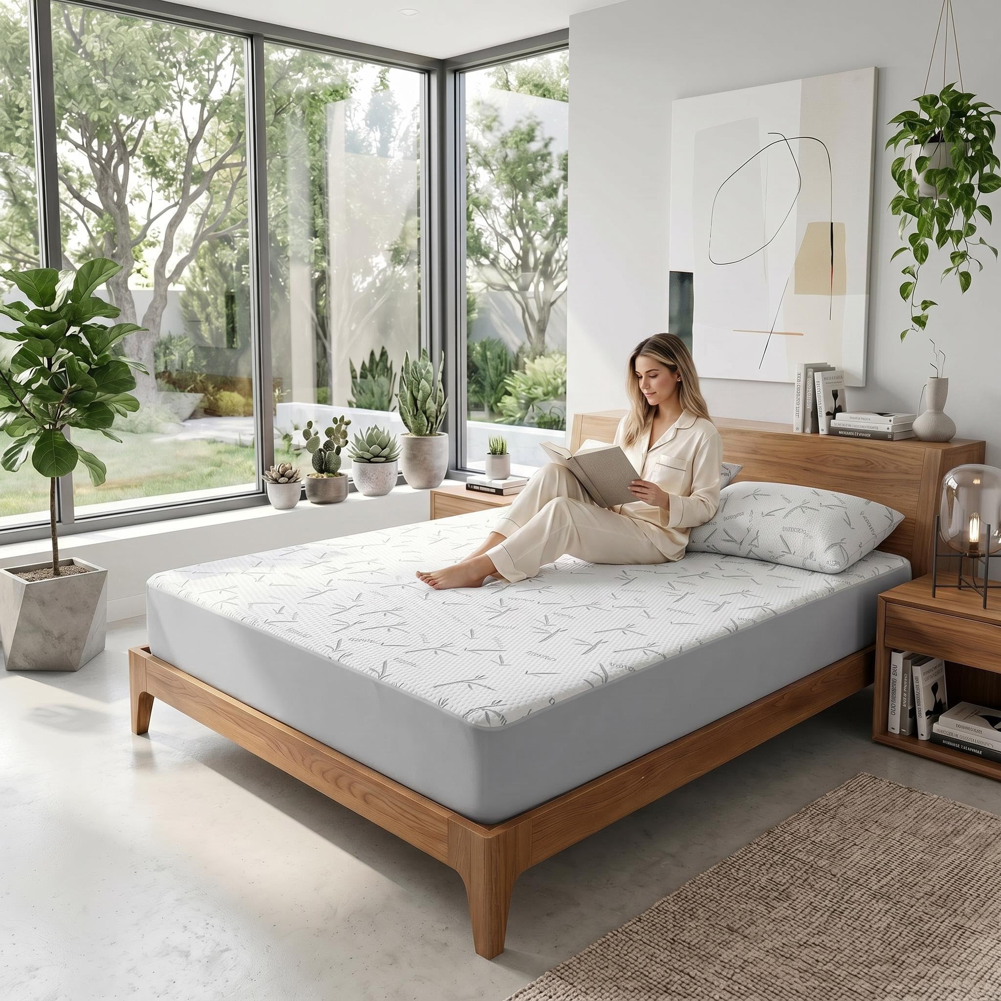 Woman in pajamas reading on a bed with a white bamboo fiber mattress protector featuring a subtle leaf pattern.