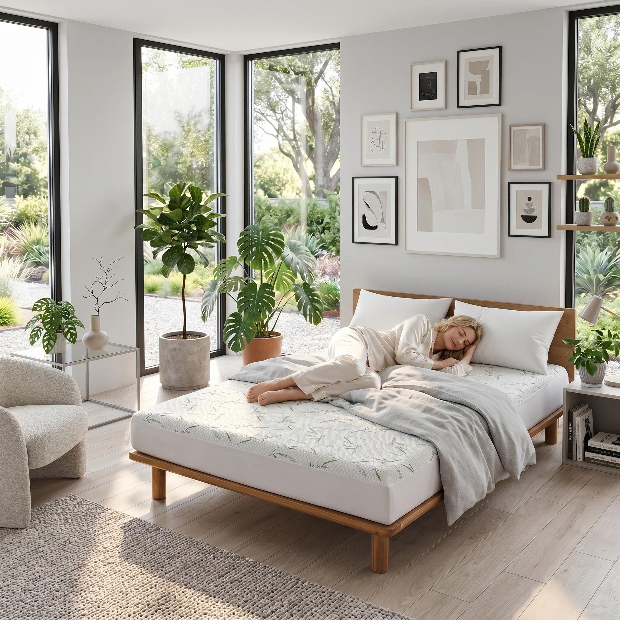 Woman sleeping on a bed with a white bamboo fiber mattress protector featuring a subtle green leaf pattern.