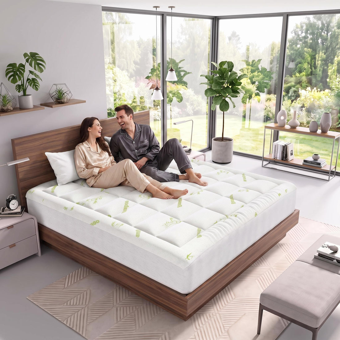 Plush white bamboo viscose mattress topper with a quilted pattern on a bed with a couple in a modern bedroom.