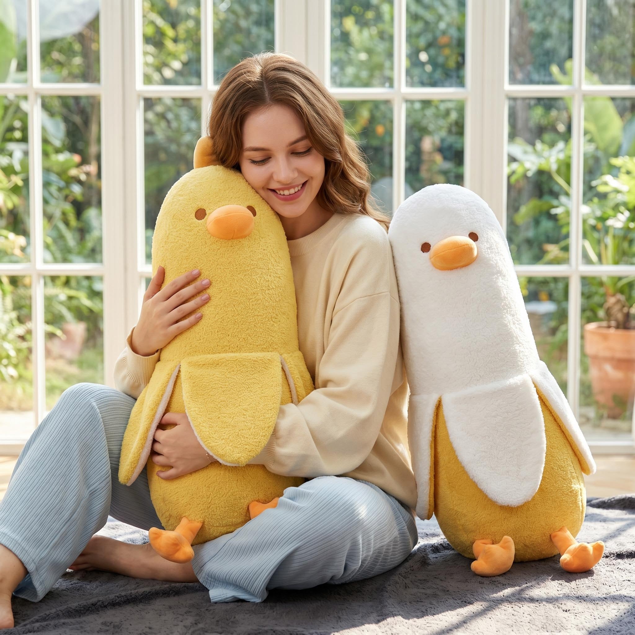 Smiling woman hugging a 20" yellow banana duck plush pillow next to a white one.