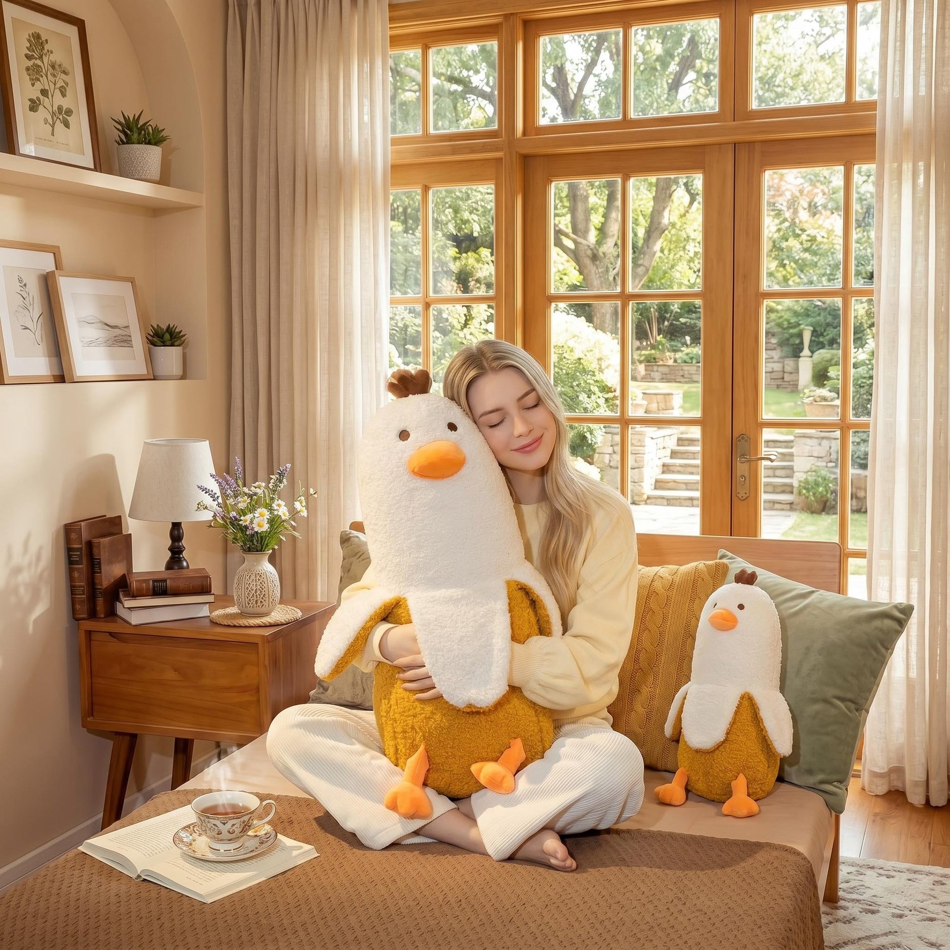 Blonde woman hugging a large, soft banana duck plush pillow on a bed, with a smaller one beside her.