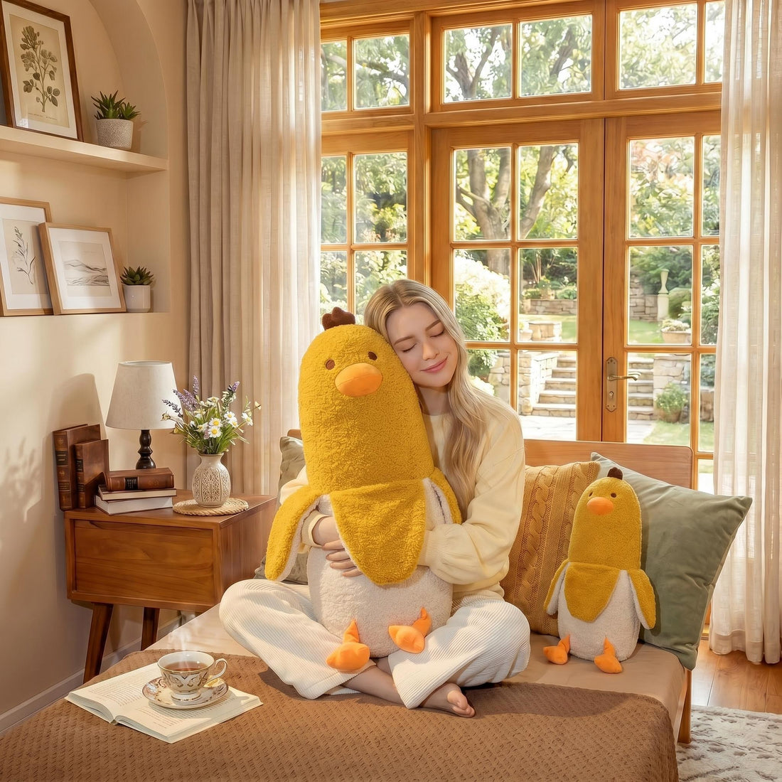 Woman hugging a large yellow banana duck plush pillow on a bed, with a smaller one beside her.