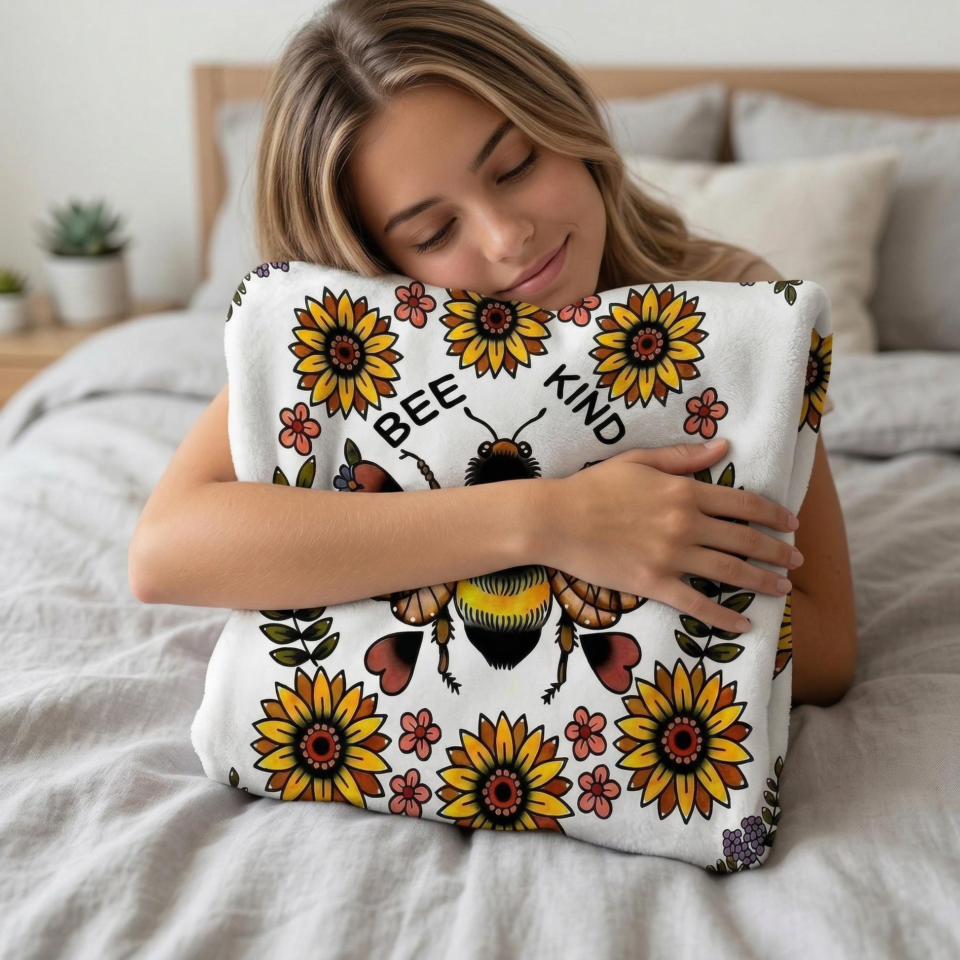 Blonde woman hugging a white plush blanket with a "Bee Kind" message, bee, and sunflower print.
