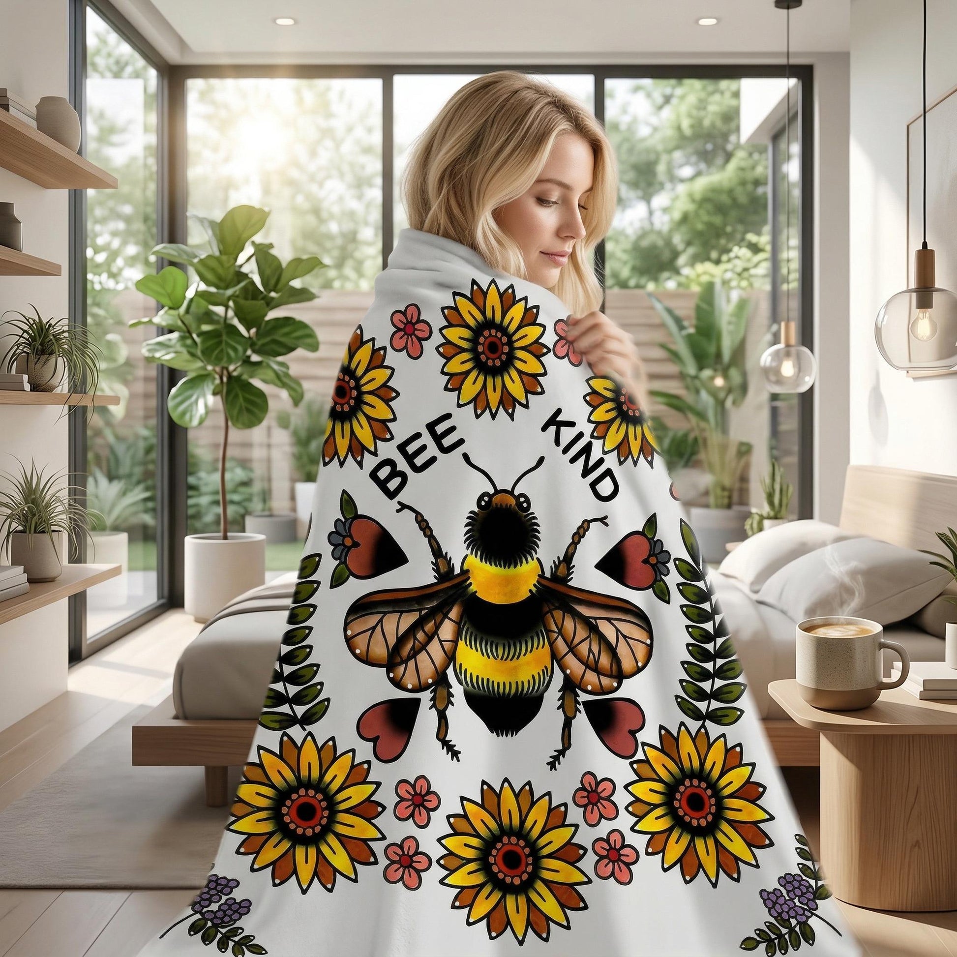 Blonde woman wrapped in a white plush blanket with a large "Bee Kind" bee and sunflower floral print.