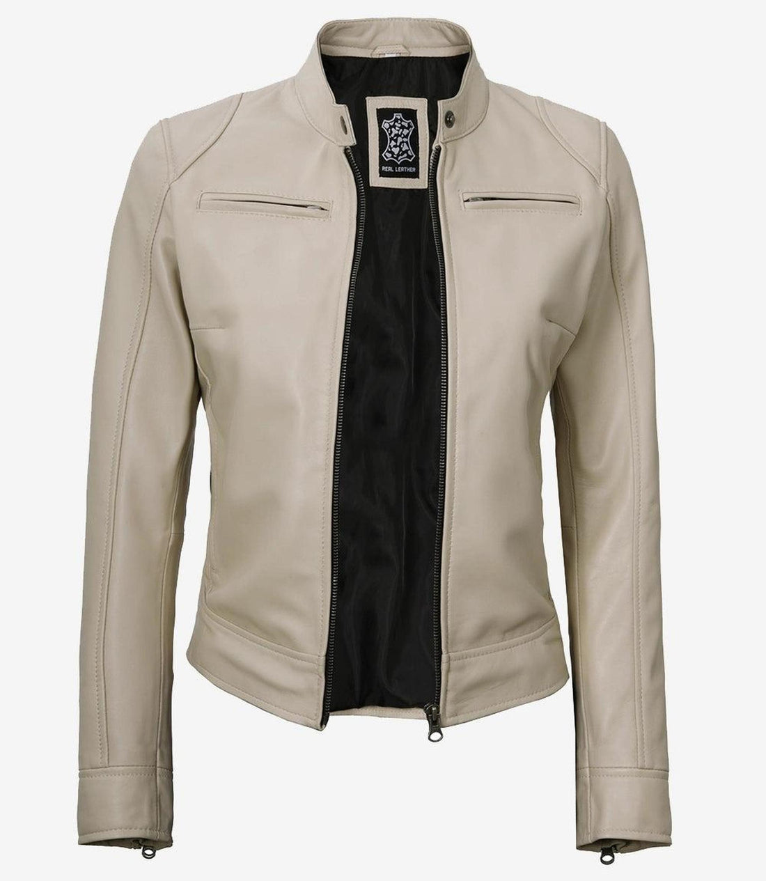 Beige Lambskin Leather Jacket for Women with Snap Tab Collar-Leather Jackets-Glompi-XS-Glompi