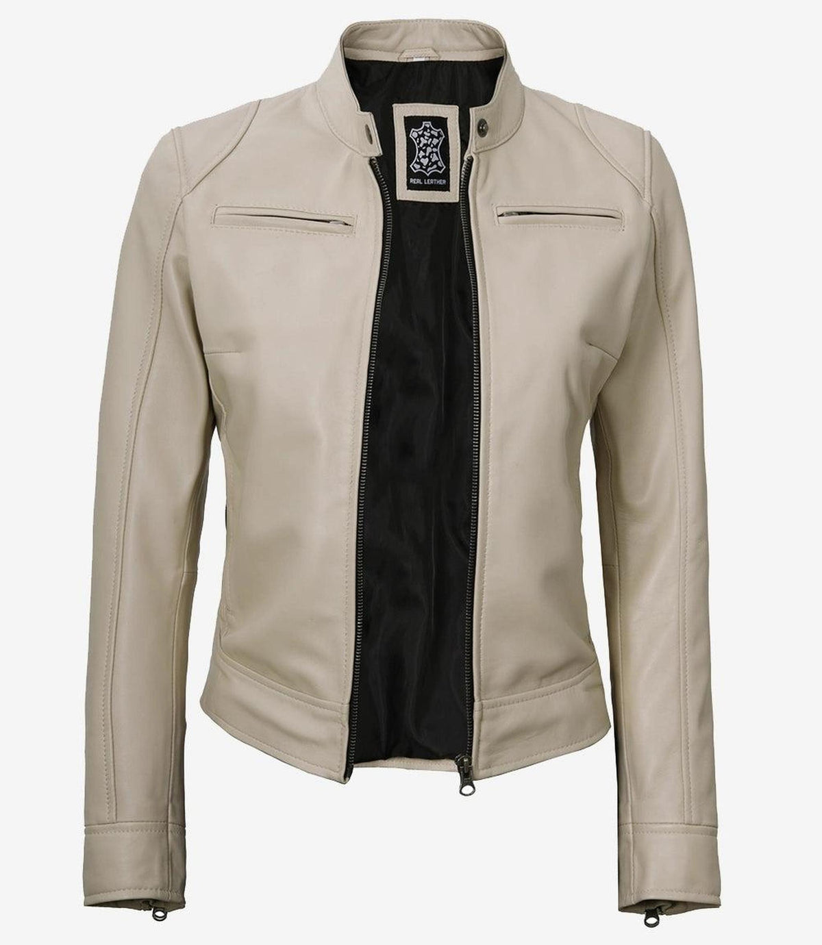 Beige Lambskin Leather Jacket for Women with Snap Tab Collar-Leather Jackets-Glompi-Glompi