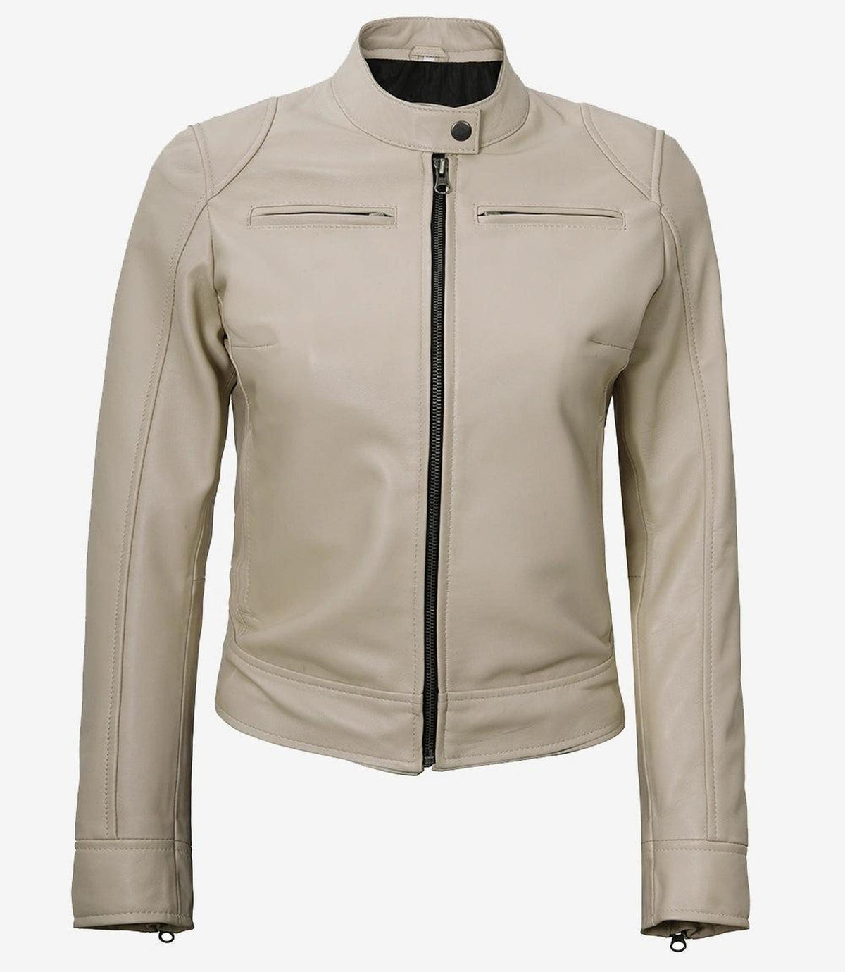 Beige Lambskin Leather Jacket for Women with Snap Tab Collar-Leather Jackets-Glompi-Glompi