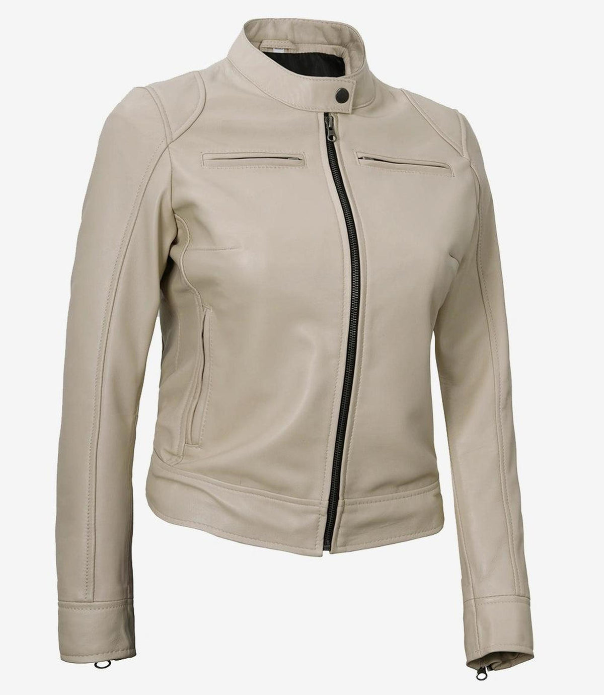 Beige Lambskin Leather Jacket for Women with Snap Tab Collar-Leather Jackets-Glompi-Glompi