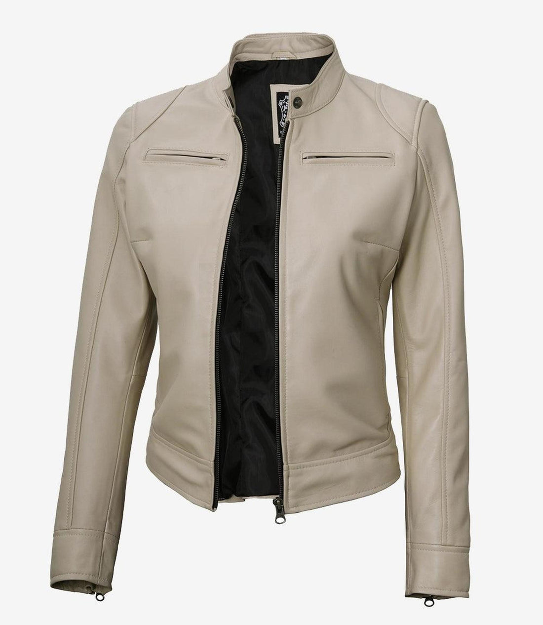 Beige Lambskin Leather Jacket for Women with Snap Tab Collar-Leather Jackets-Glompi-XS-Glompi