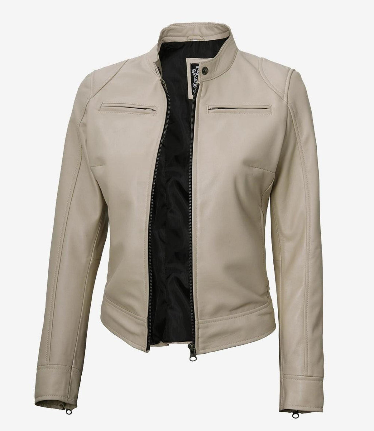 Beige Lambskin Leather Jacket for Women with Snap Tab Collar-Leather Jackets-Glompi-XS-Glompi