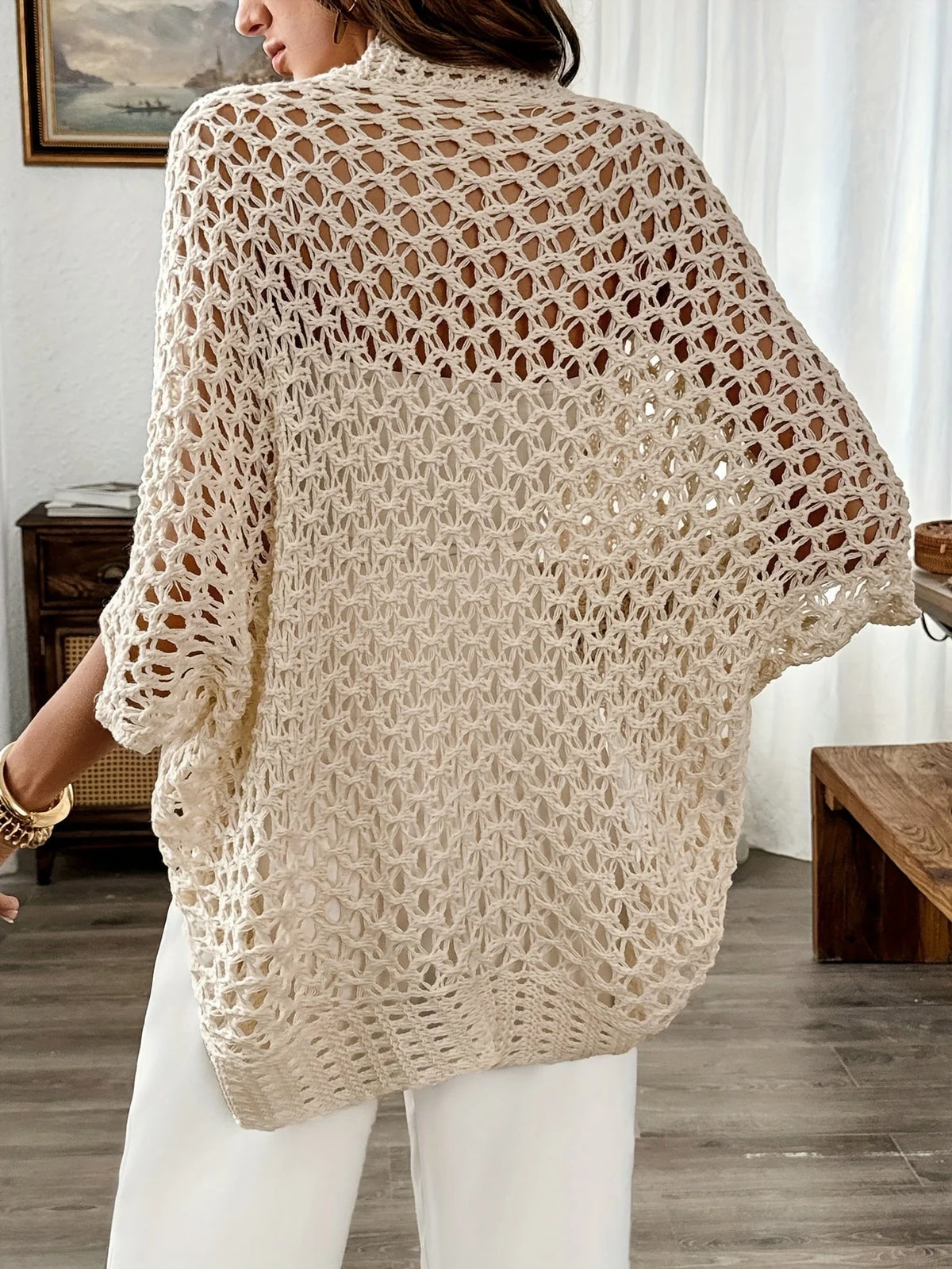 Beige Open Knit Women's Cardigan with Crochet Detail 2
