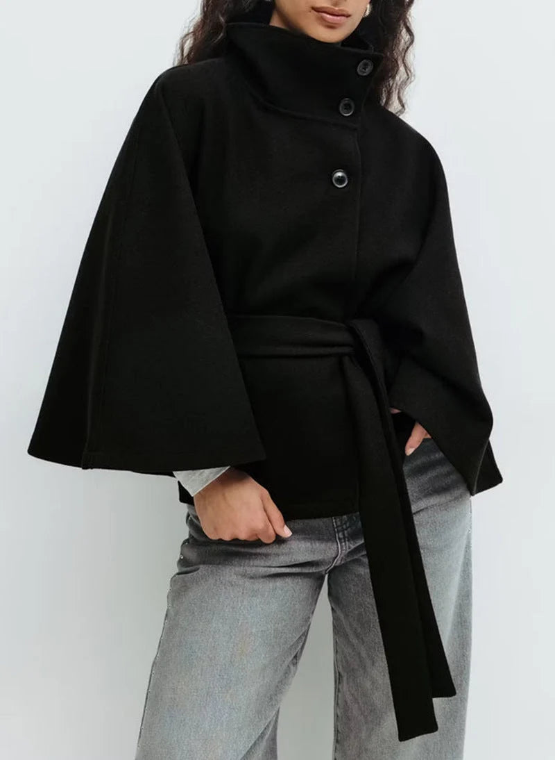 Belted Cape Coat with Stand Collar and Button Closure 4