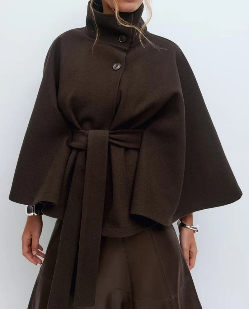 Belted Cape Coat with Stand Collar and Button Closure 1