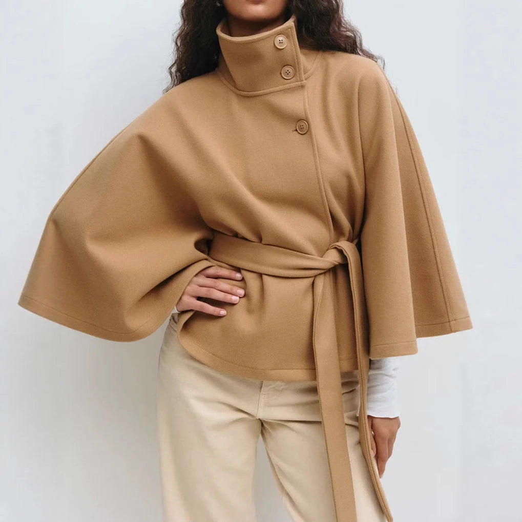 Belted Cape Coat with Stand Collar and Button Closure 0