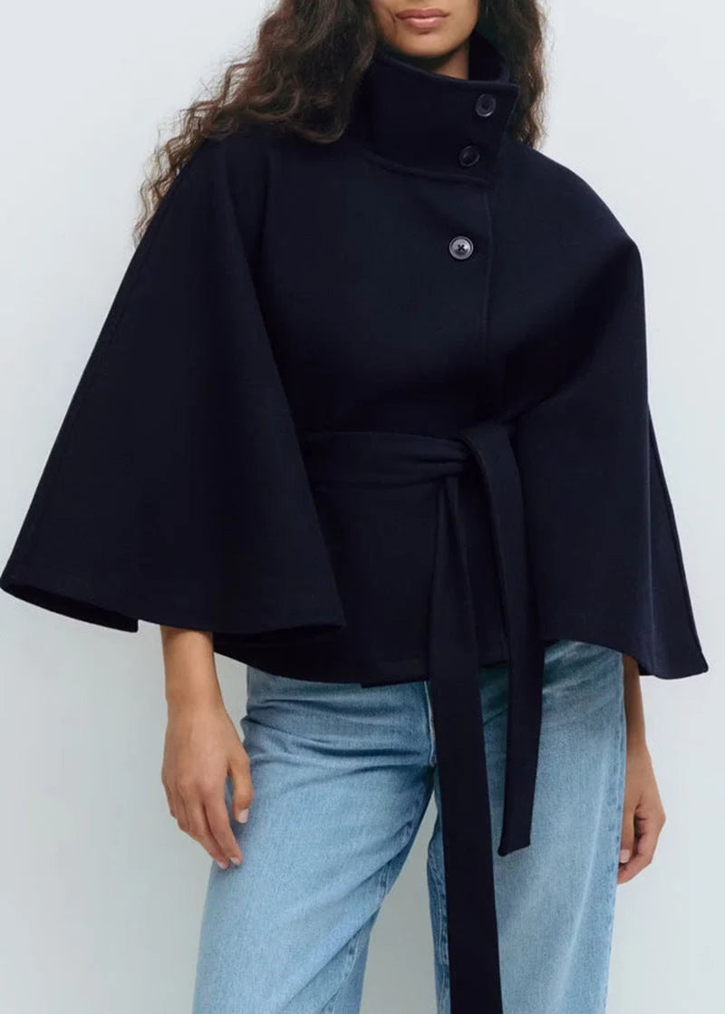 Belted Cape Coat with Stand Collar and Button Closure 2