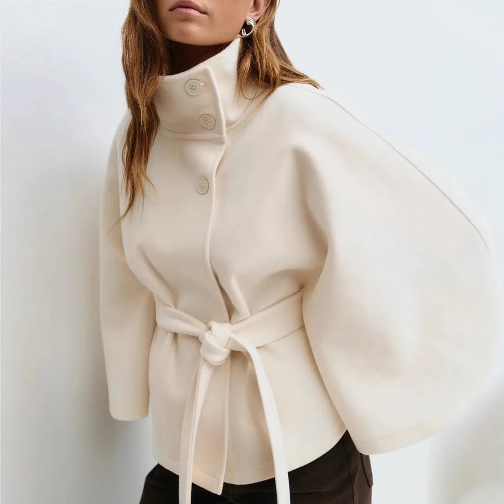 Belted Cape Coat with Stand Collar and Button Closure 3
