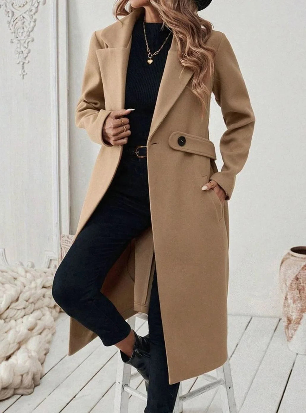 Belted Long Wool Coat with Wide Collar and Pockets 1