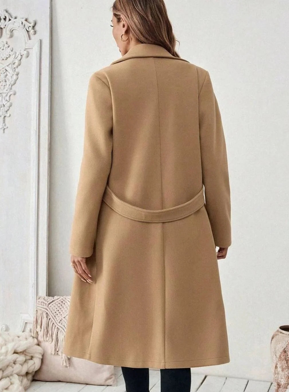 Belted Long Wool Coat with Wide Collar and Pockets 2