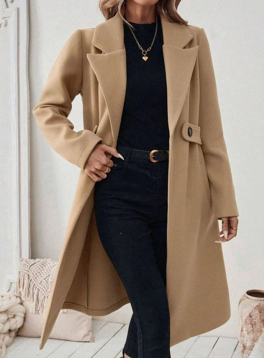 Belted Long Wool Coat with Wide Collar and Pockets 3