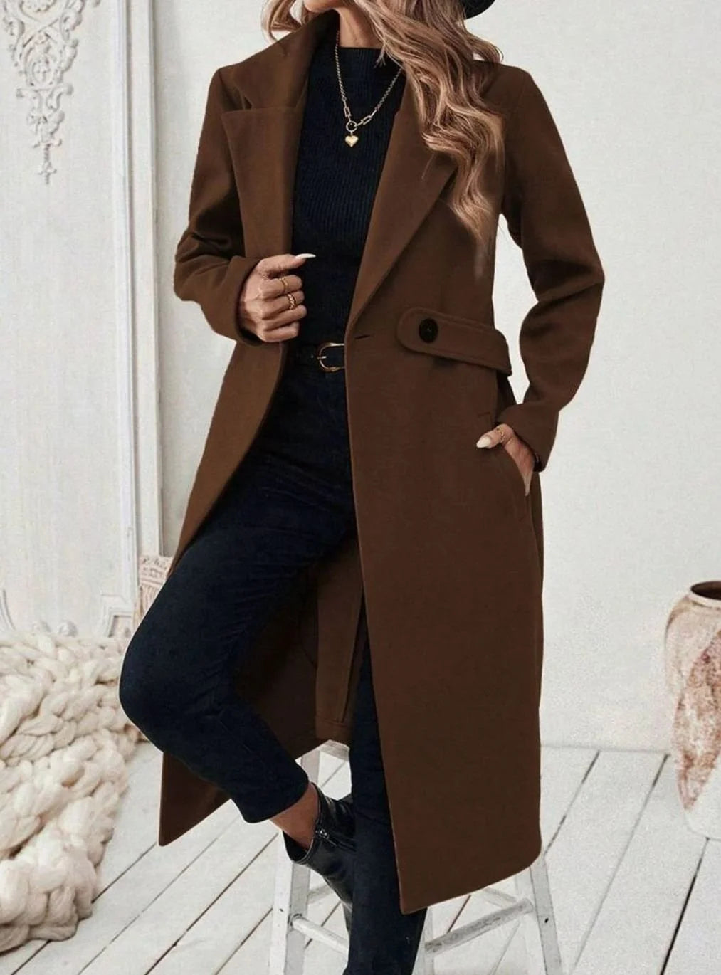 Belted Long Wool Coat with Wide Collar and Pockets 5