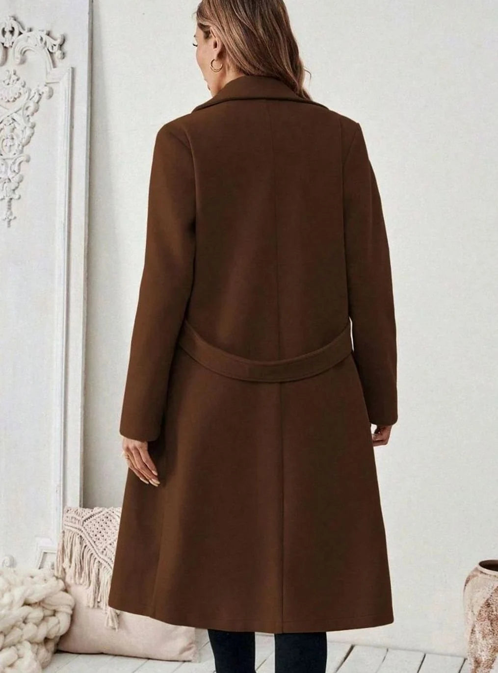 Belted Long Wool Coat with Wide Collar and Pockets 6