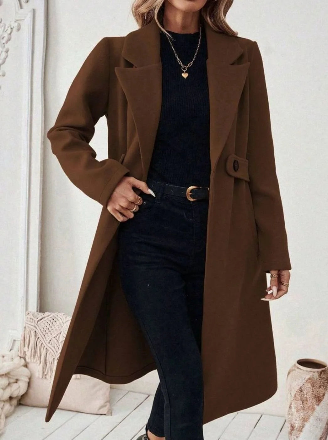 Belted Long Wool Coat with Wide Collar and Pockets 7