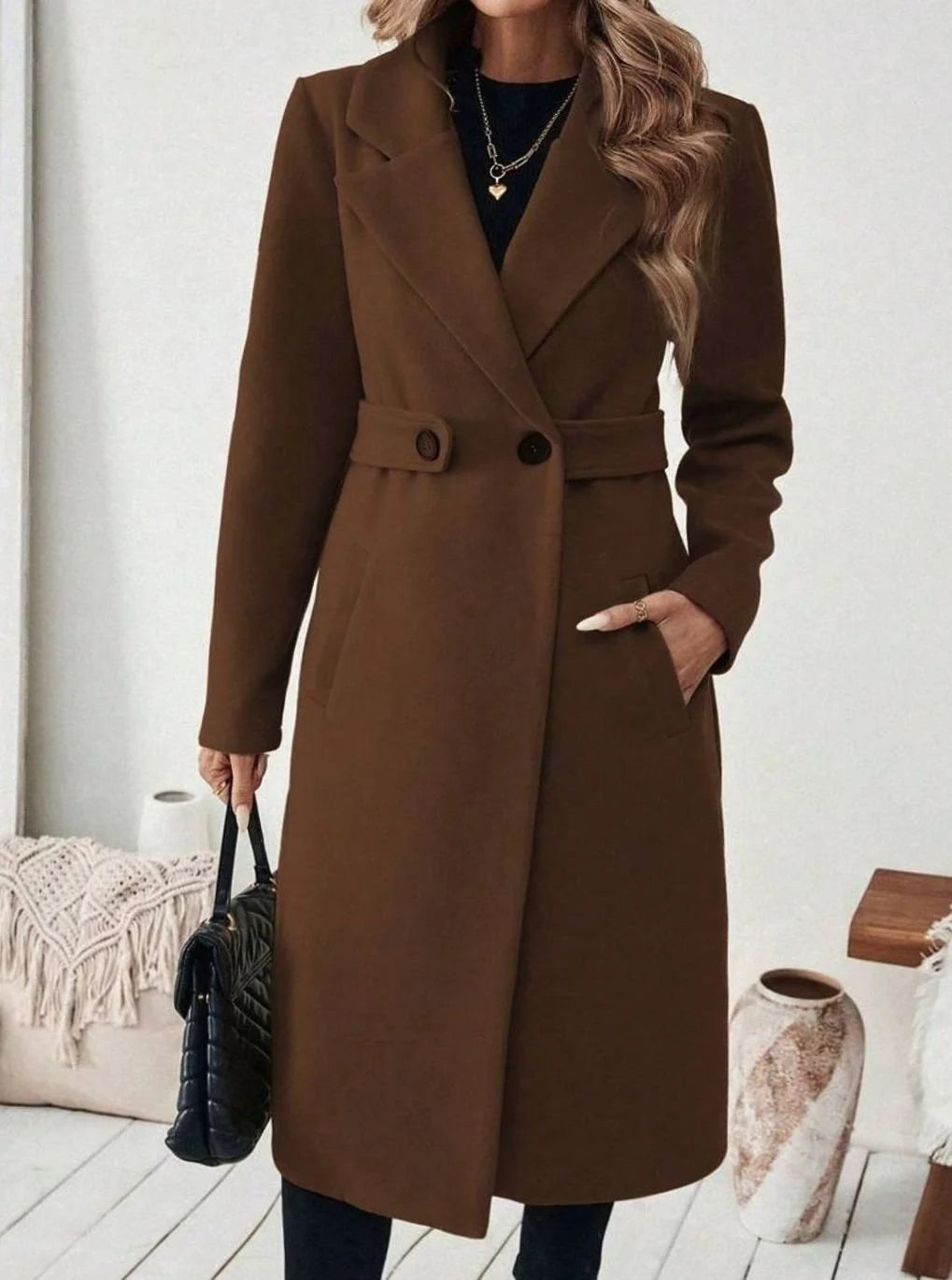Belted Long Wool Coat with Wide Collar and Pockets 4