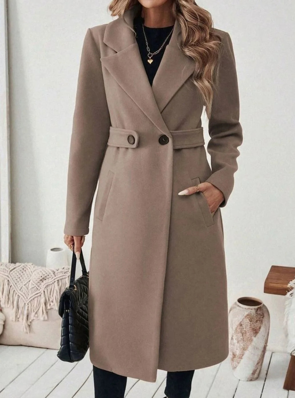 Belted Long Wool Coat with Wide Collar and Pockets 8