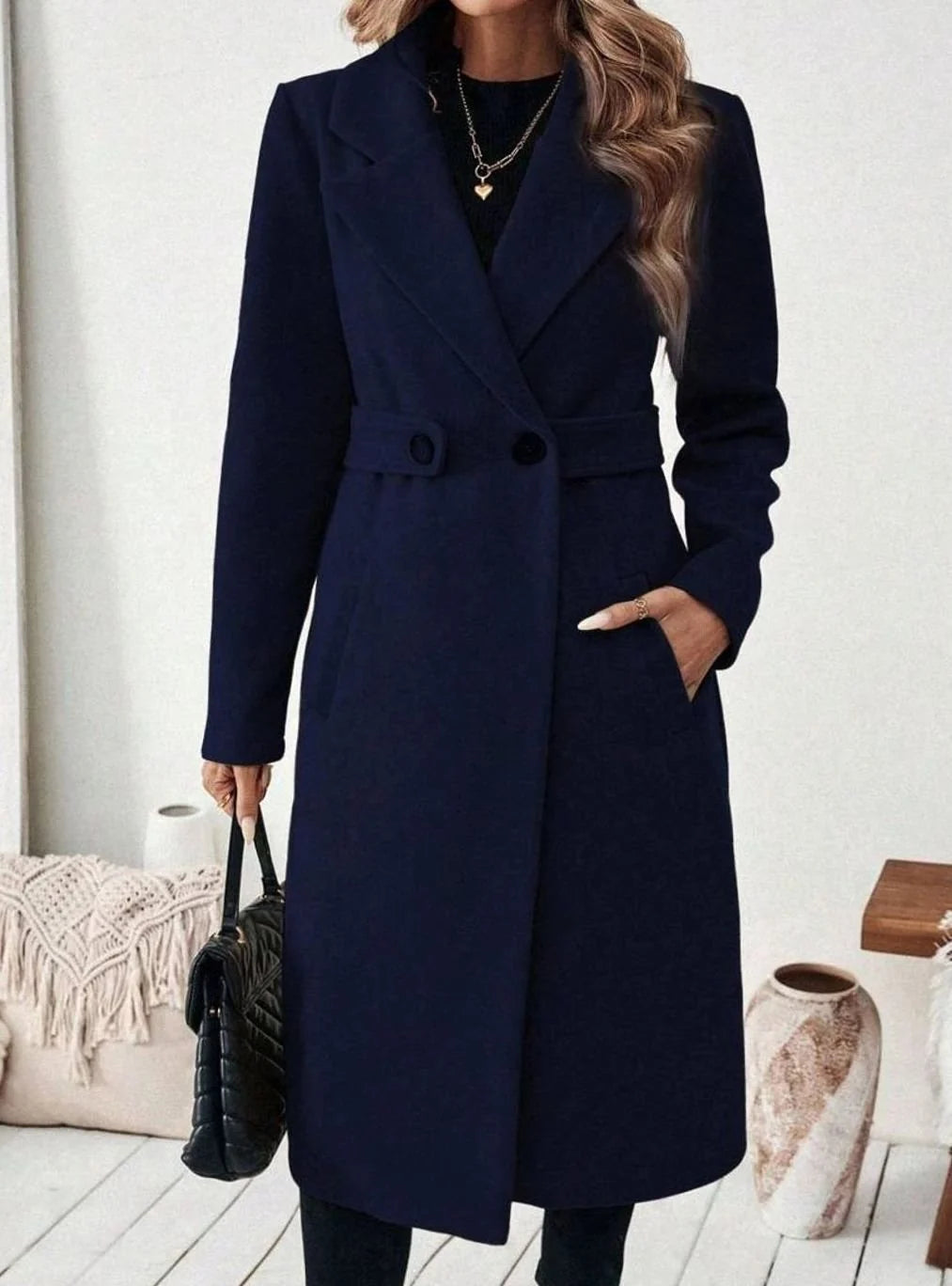 Belted Long Wool Coat with Wide Collar and Pockets 10