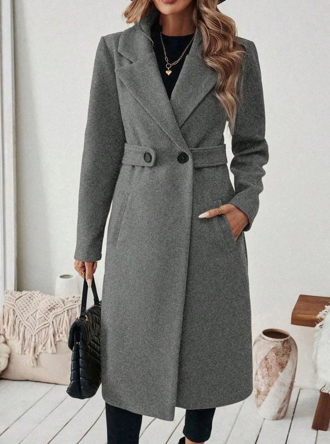 Belted Long Wool Coat with Wide Collar and Pockets 9