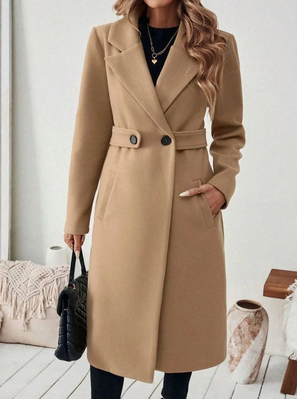 Belted Long Wool Coat with Wide Collar and Pockets 0