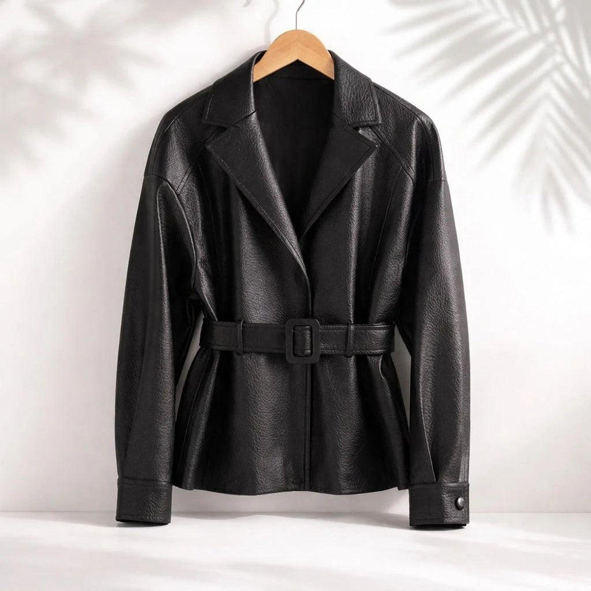 Belted Vegan Leather Jacket for Women with Wide Collar 3