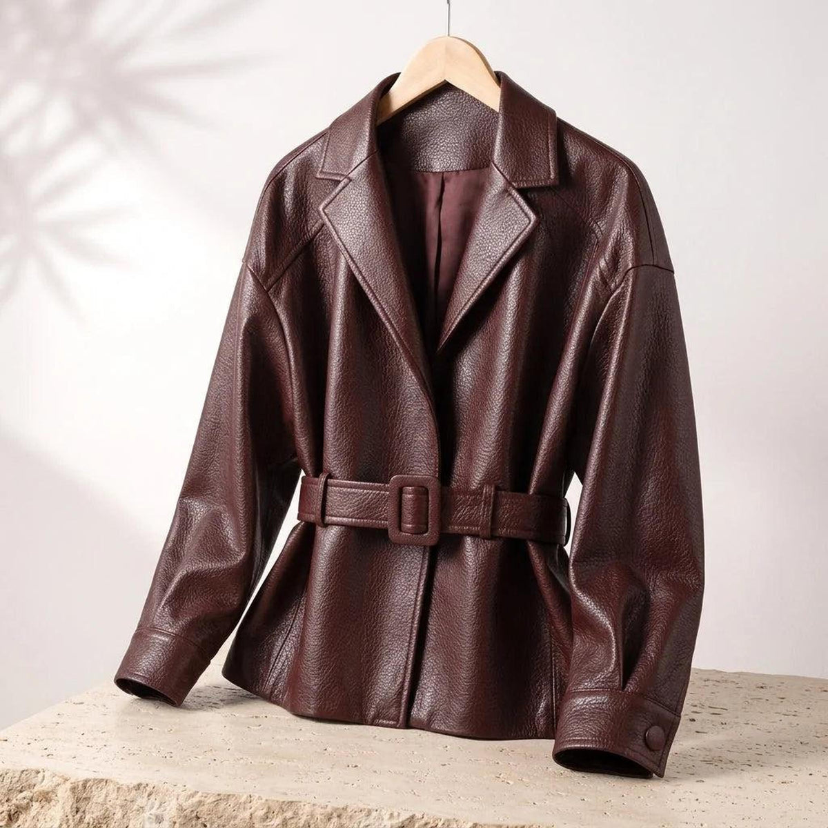 Belted Vegan Leather Jacket for Women with Wide Collar 0