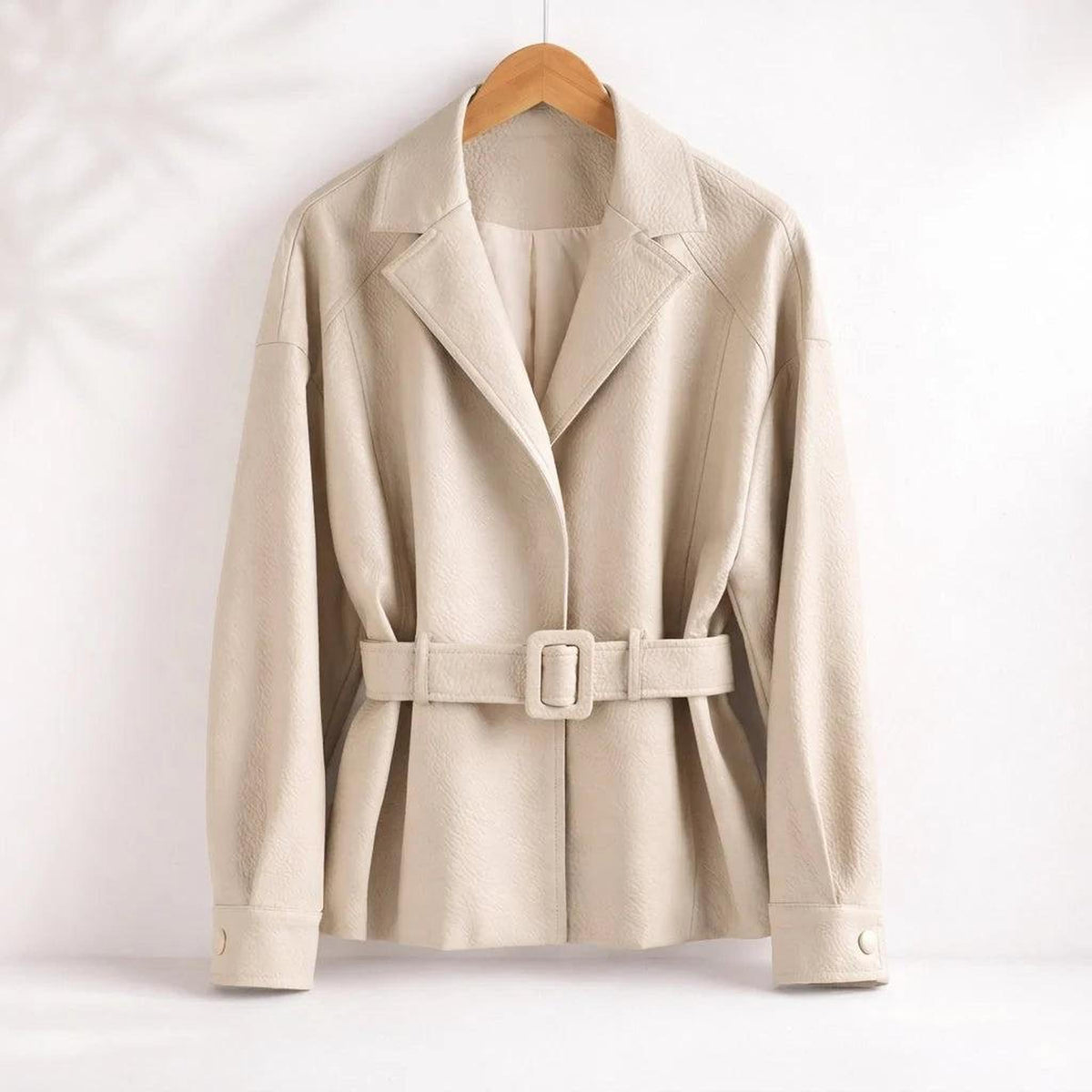 Belted Vegan Leather Jacket for Women with Wide Collar 2