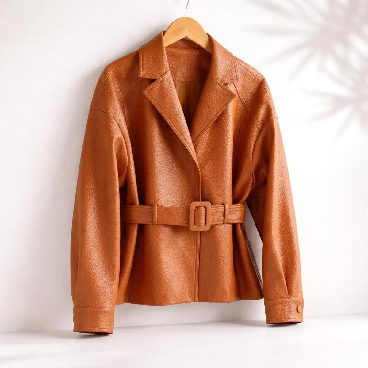 Belted Vegan Leather Jacket for Women with Wide Collar 1