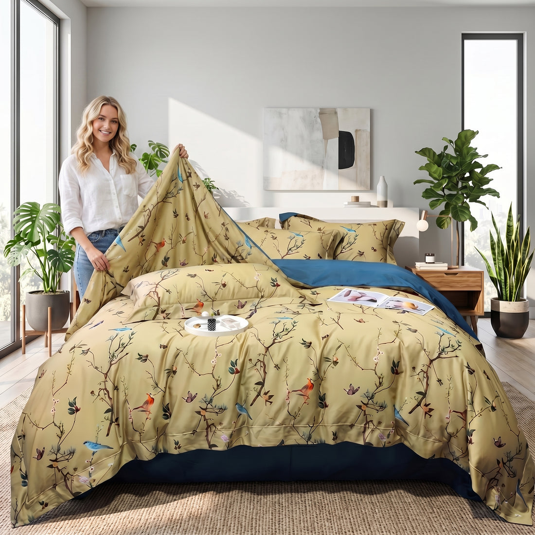 Birds and Flowers Bedding Set - Egyptian Cotton Sateen Duvet Cover-Duvet Covers-Glompi-Queen-Fitted-Glompi