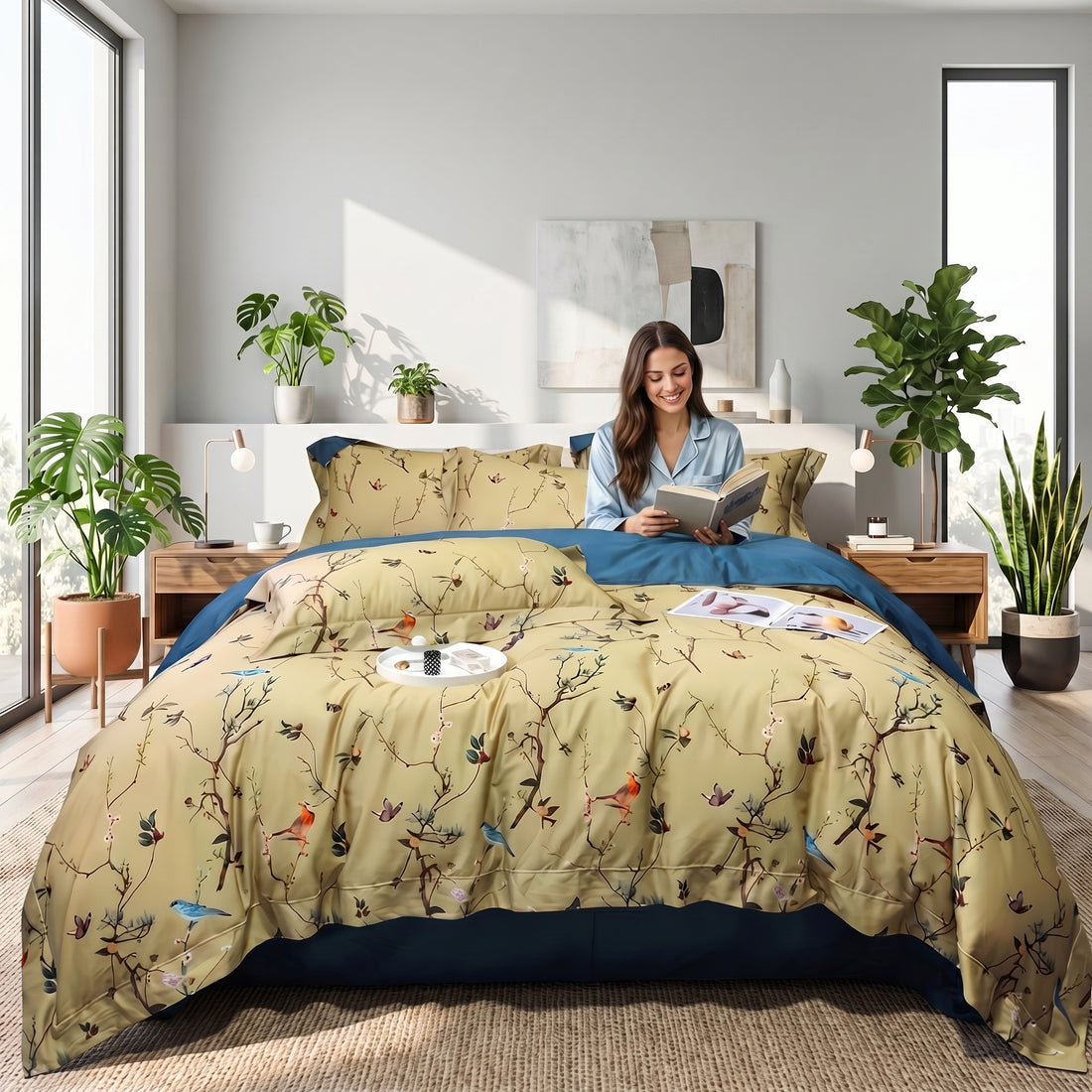 Birds and Flowers Bedding Set - Egyptian Cotton Sateen Duvet Cover-Duvet Covers-Glompi-Queen-Fitted-Glompi