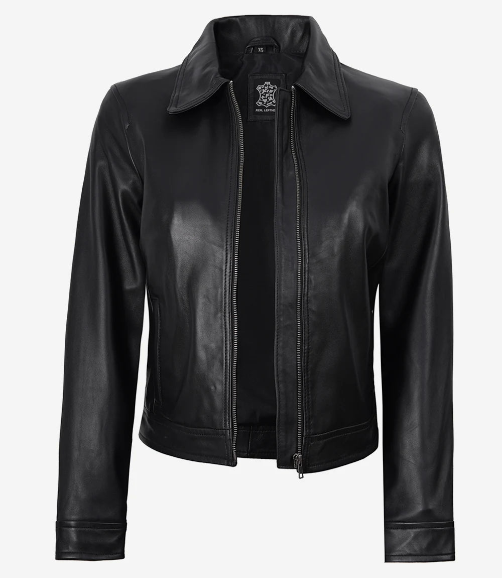 Black Lambskin Leather Women's Jacket with Classic Collar-Leather Jackets-Glompi-Glompi