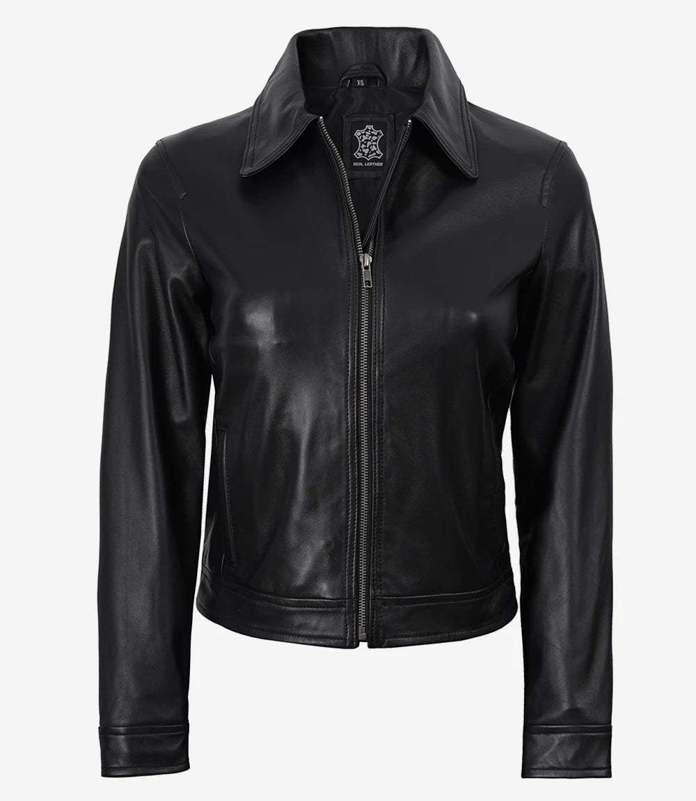 Black Lambskin Leather Women's Jacket with Classic Collar-Leather Jackets-Glompi-Glompi